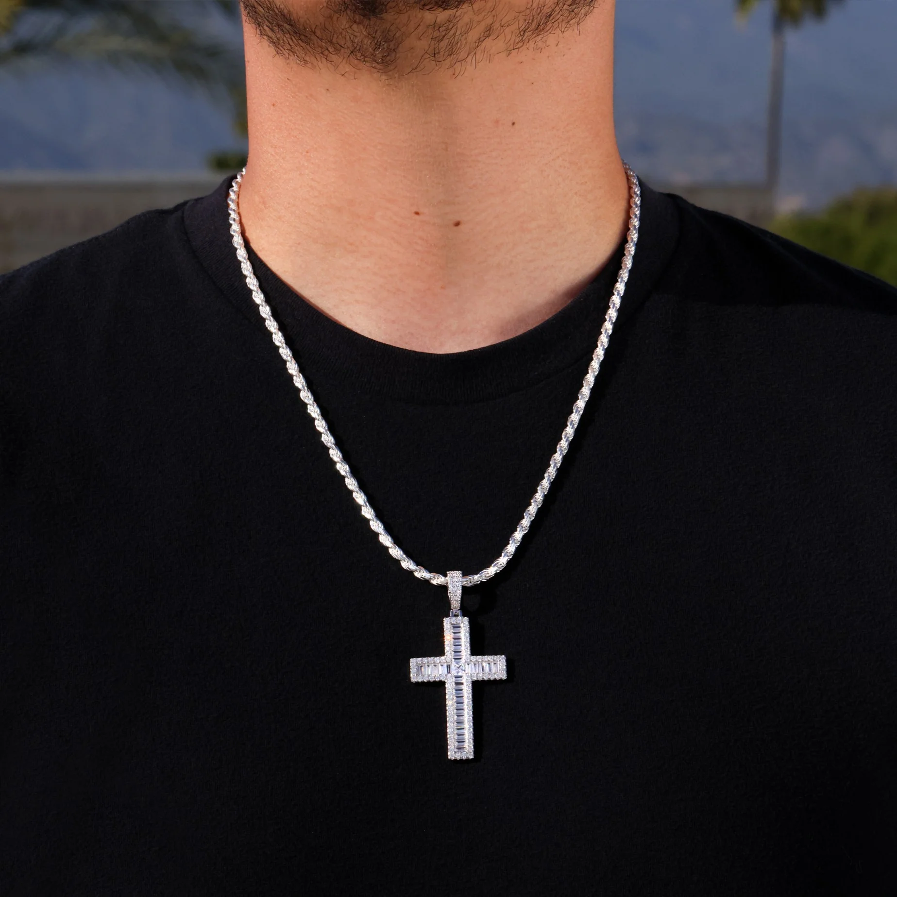Iced Out Baguette Cross Pendant - 925 Silver - Image 6