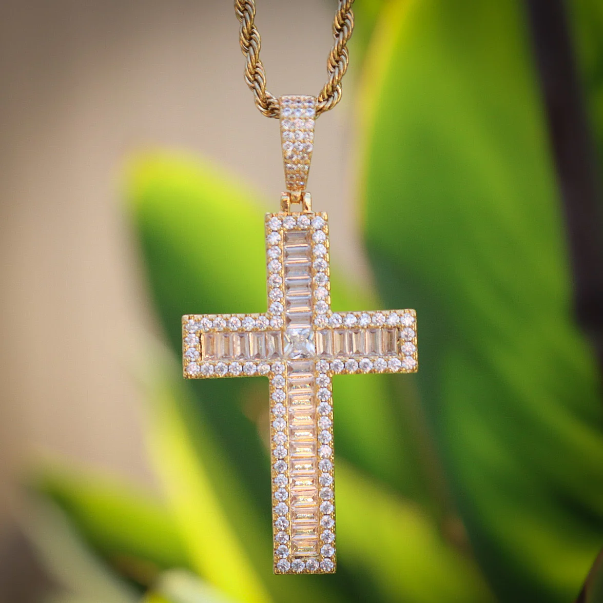 Iced out Baguette Cross Pendant - Gold - Image 2