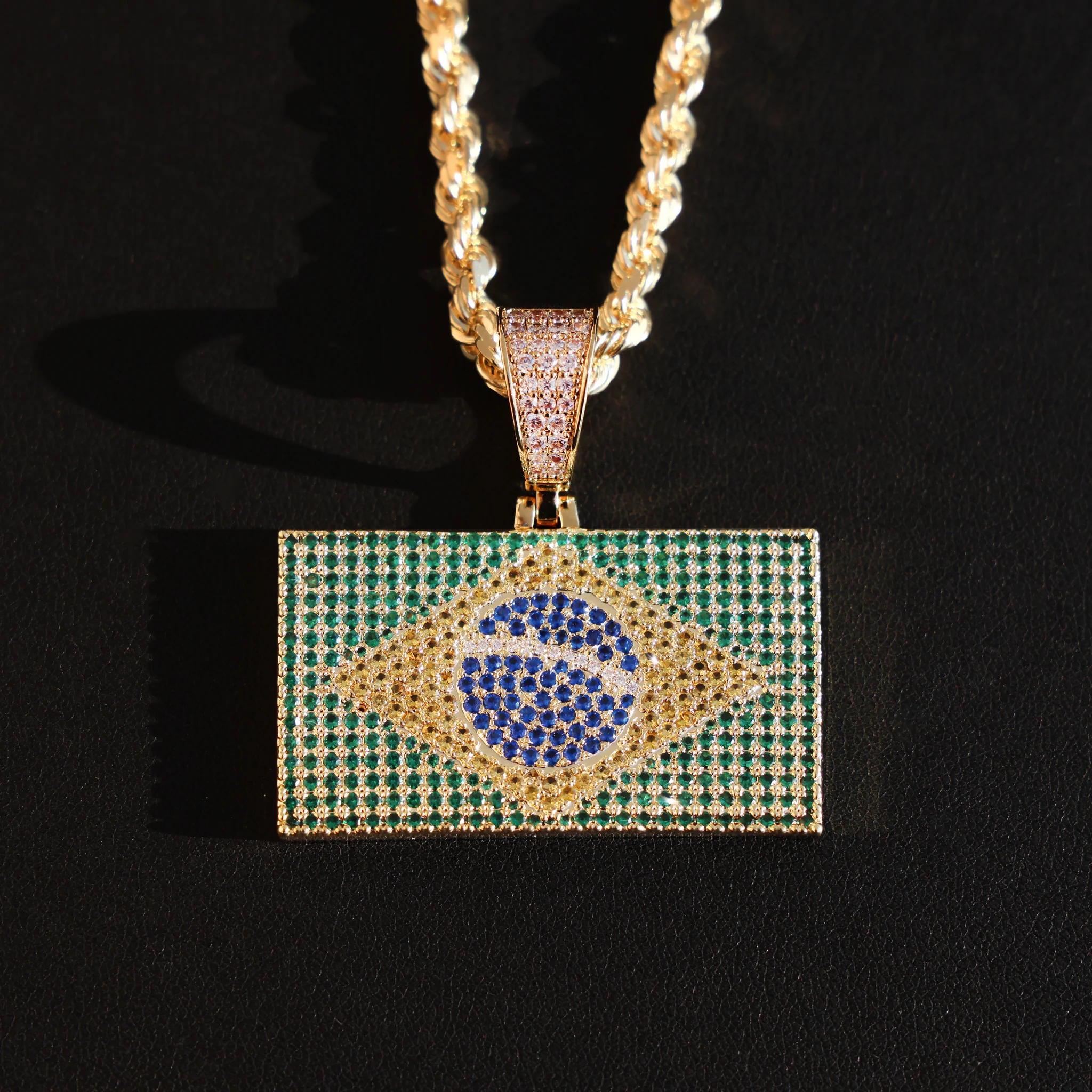 Iced out Brazil Flag Pendant - 14k Gold - Image 2