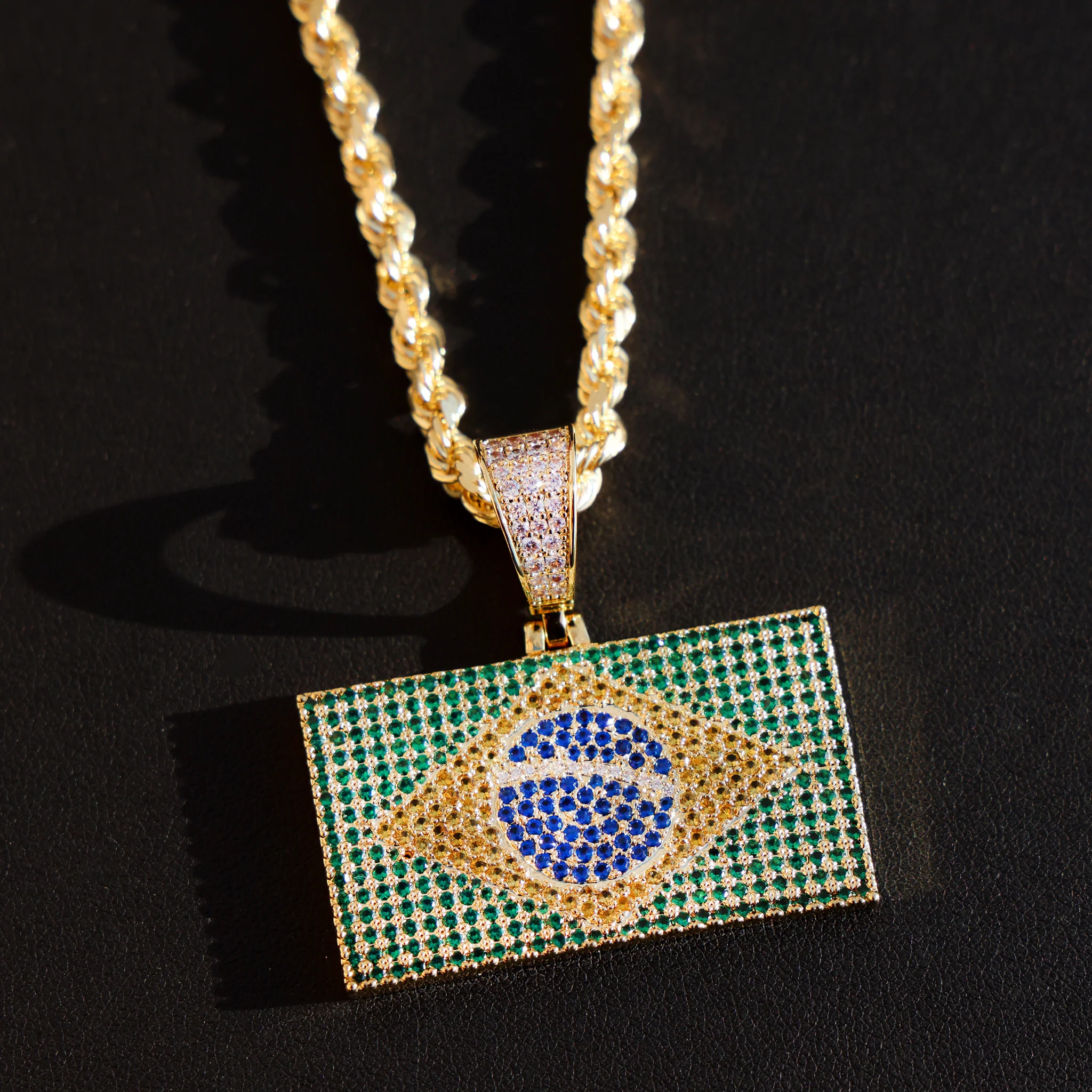 Iced out Brazil Flag Pendant - 14k Gold - Image 3