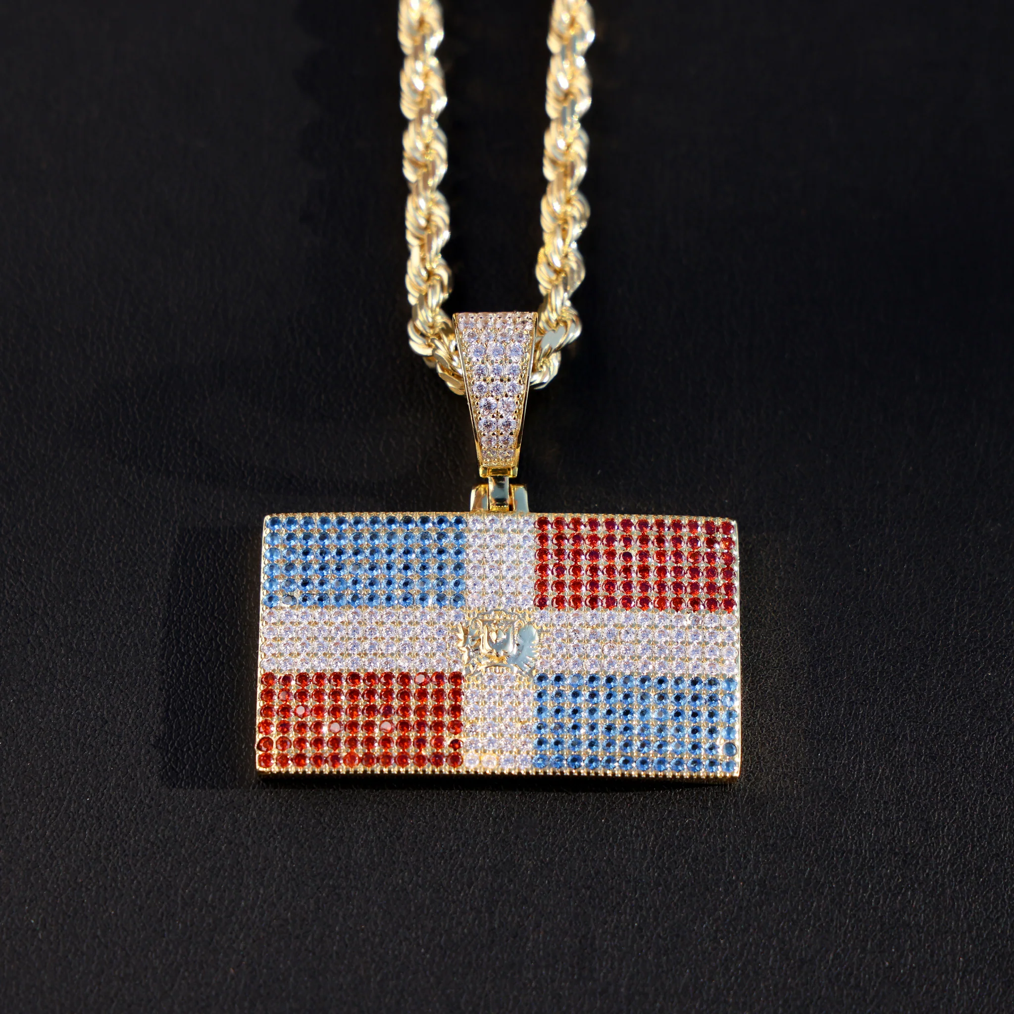 Iced out Dominican Republic Flag Pendant - 14k Gold - Image 3