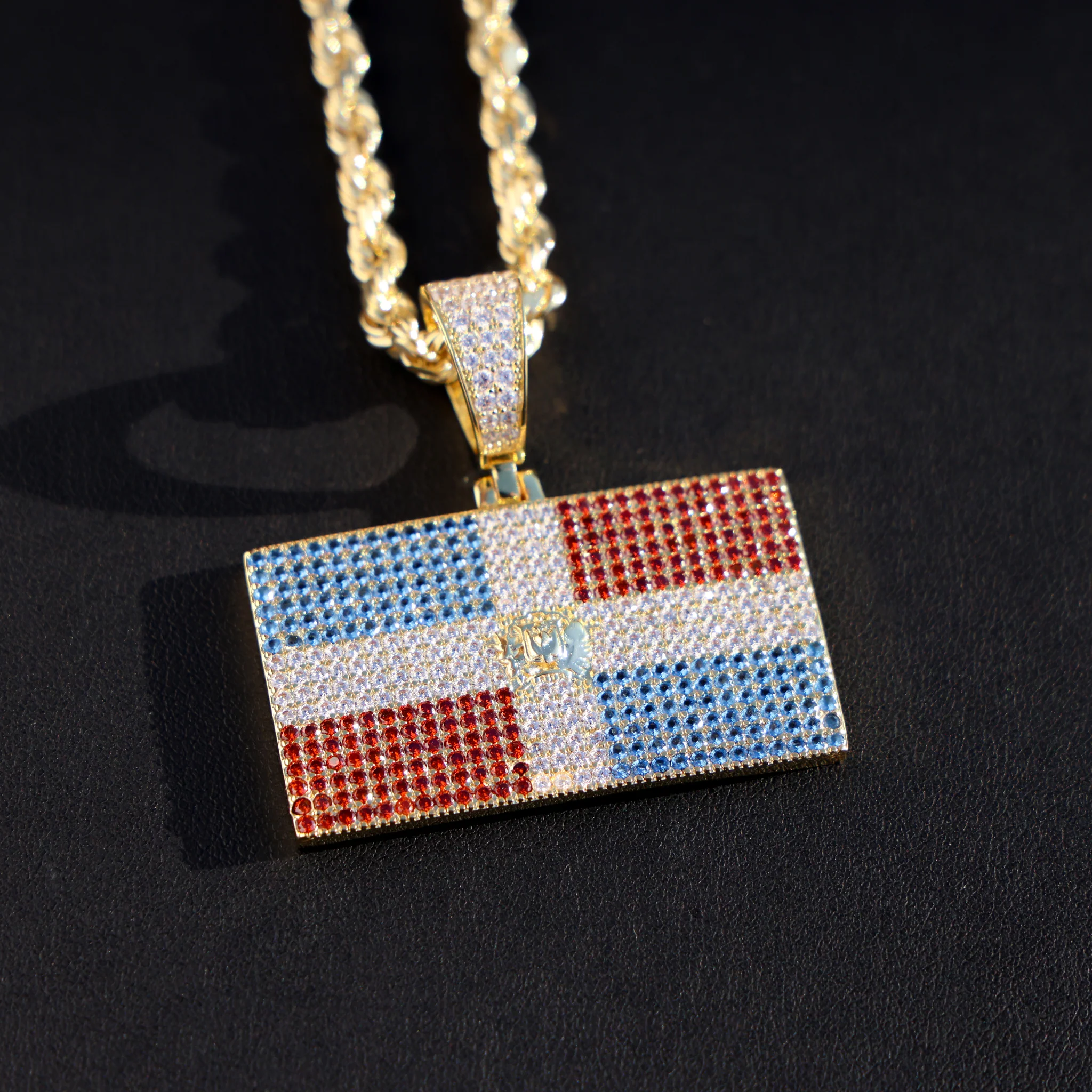 Iced out Dominican Republic Flag Pendant - 14k Gold - Image 4