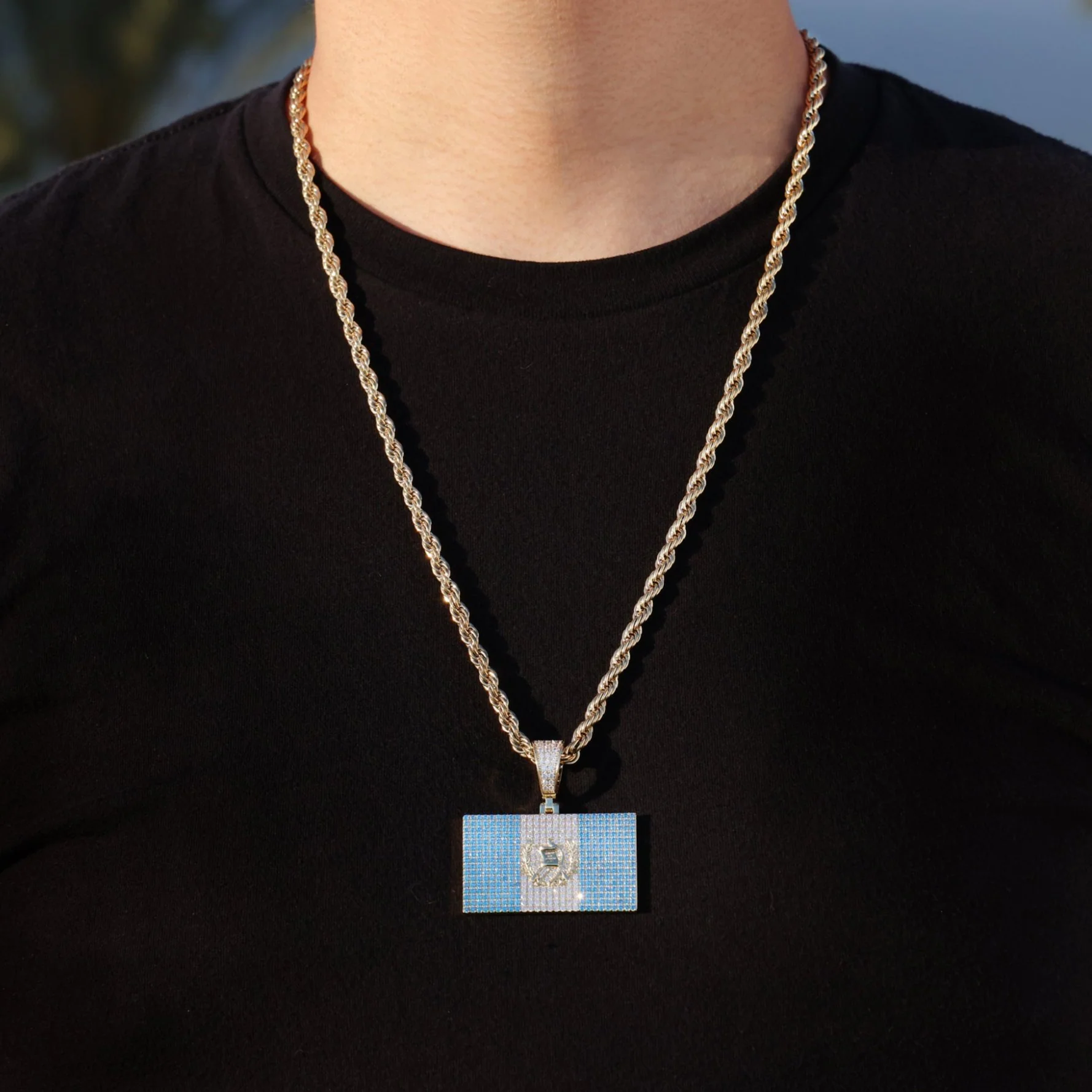 Iced Out Guatemala Flag Pendant - Gold - Image 3