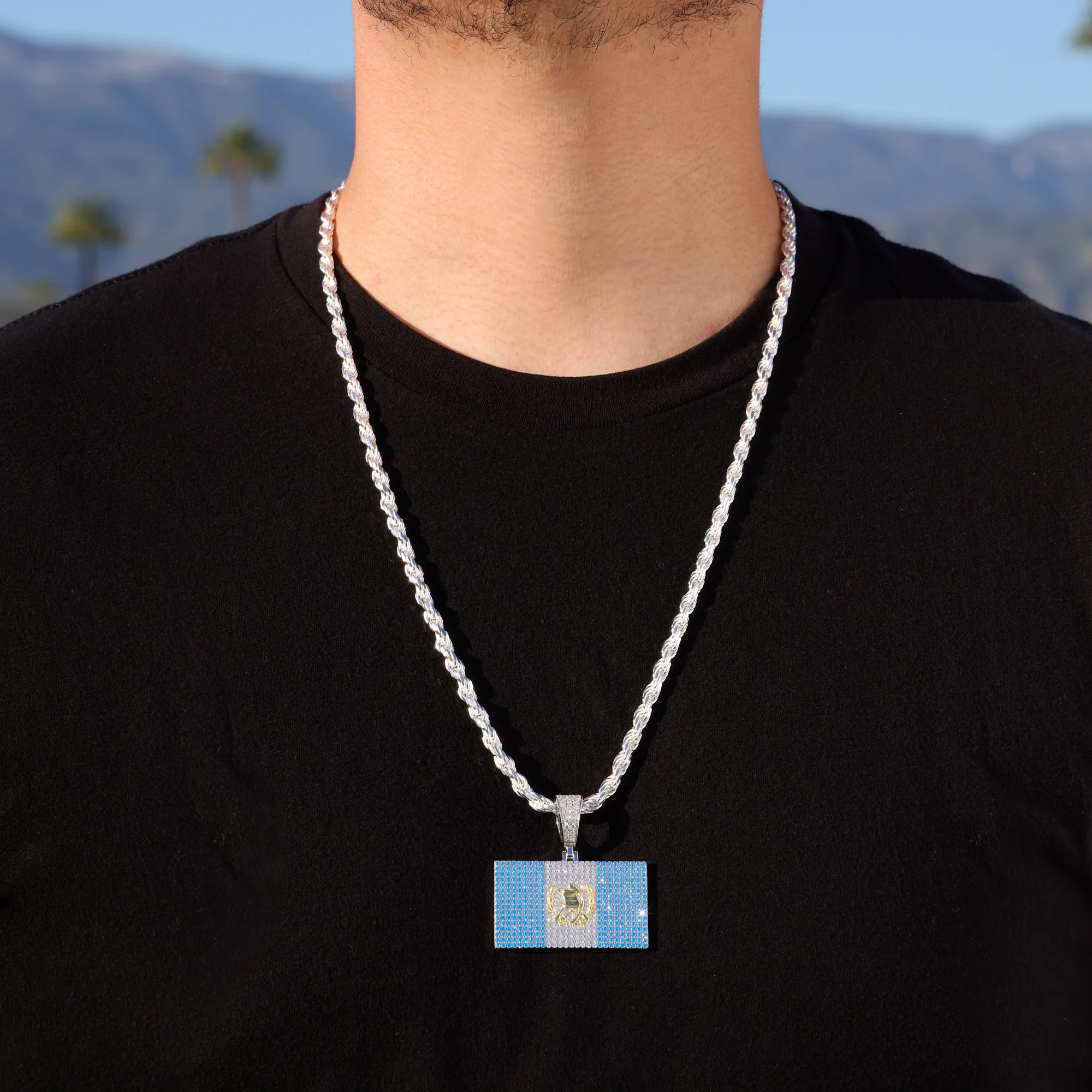 Iced Out Guatemala Flag Pendant - 925 Silver - Image 2