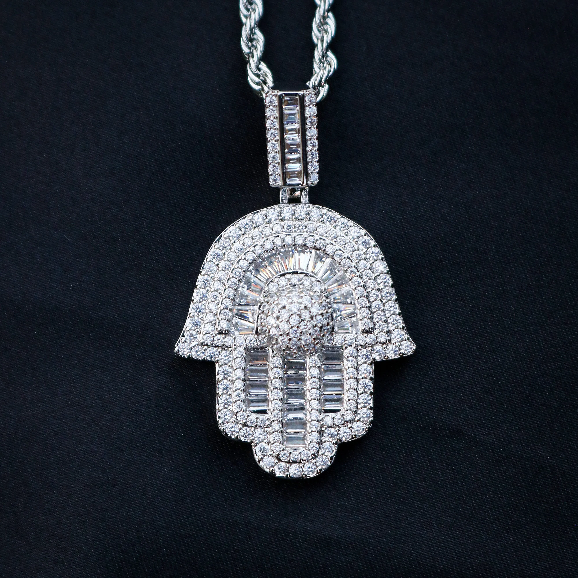 Iced out Hamsah Baguette Pendant - White Gold
