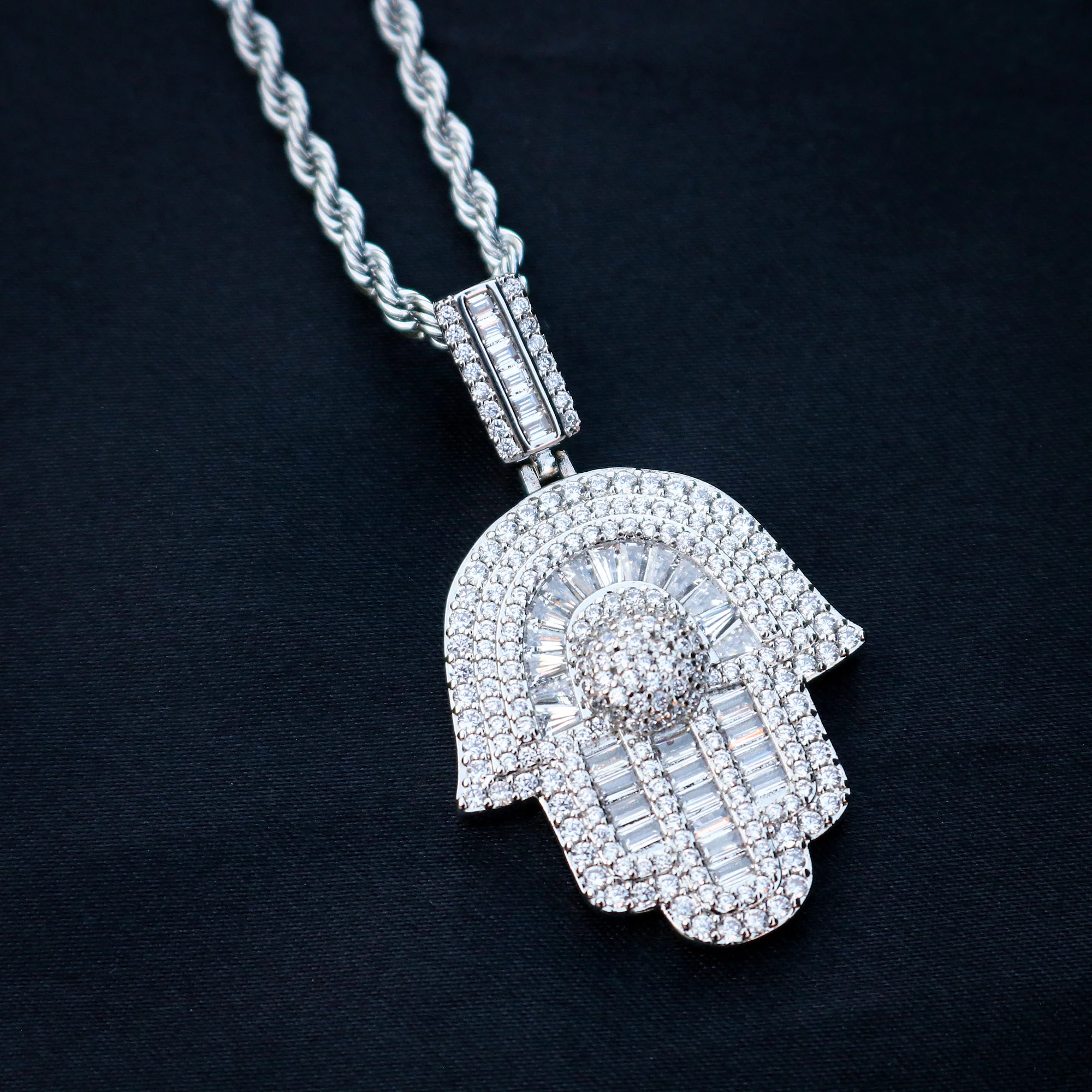 Iced out Hamsah Baguette Pendant - White Gold - Image 2