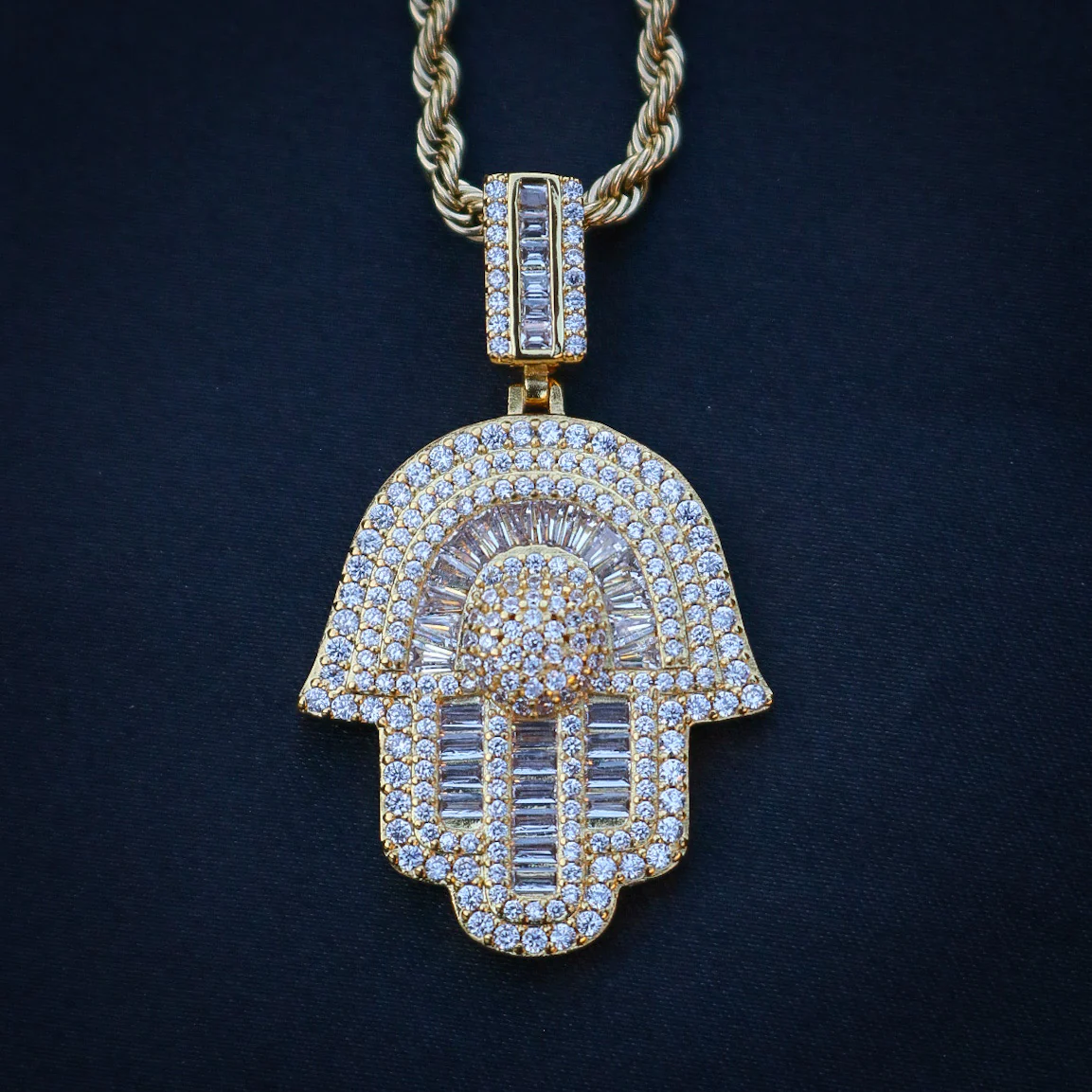 Iced out Hamsah Baguette Pendant - Gold