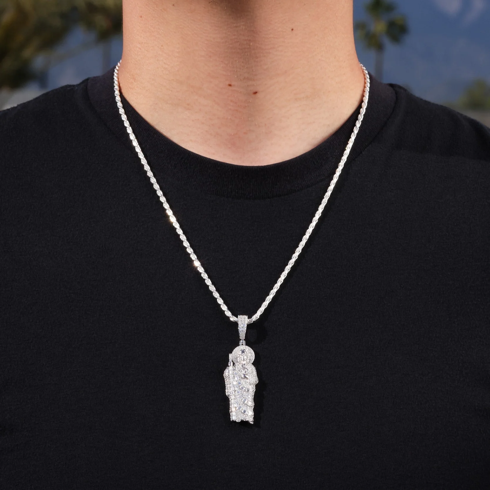 Iced Out Moissanite San Judas Baguette Pendant - 925 Silver - Image 3