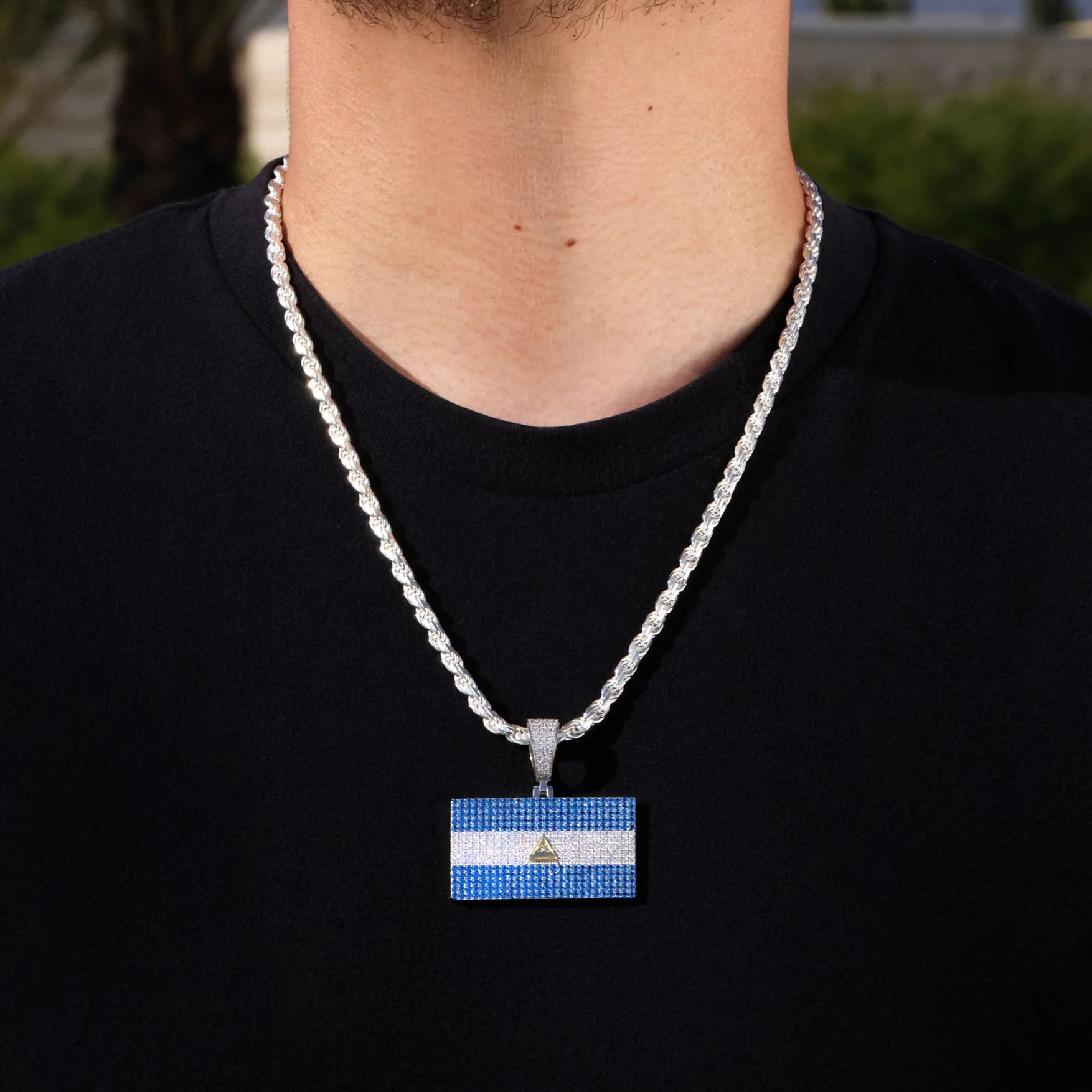 Iced out Nicaragua Flag Pendant - 925 Silver - Image 2