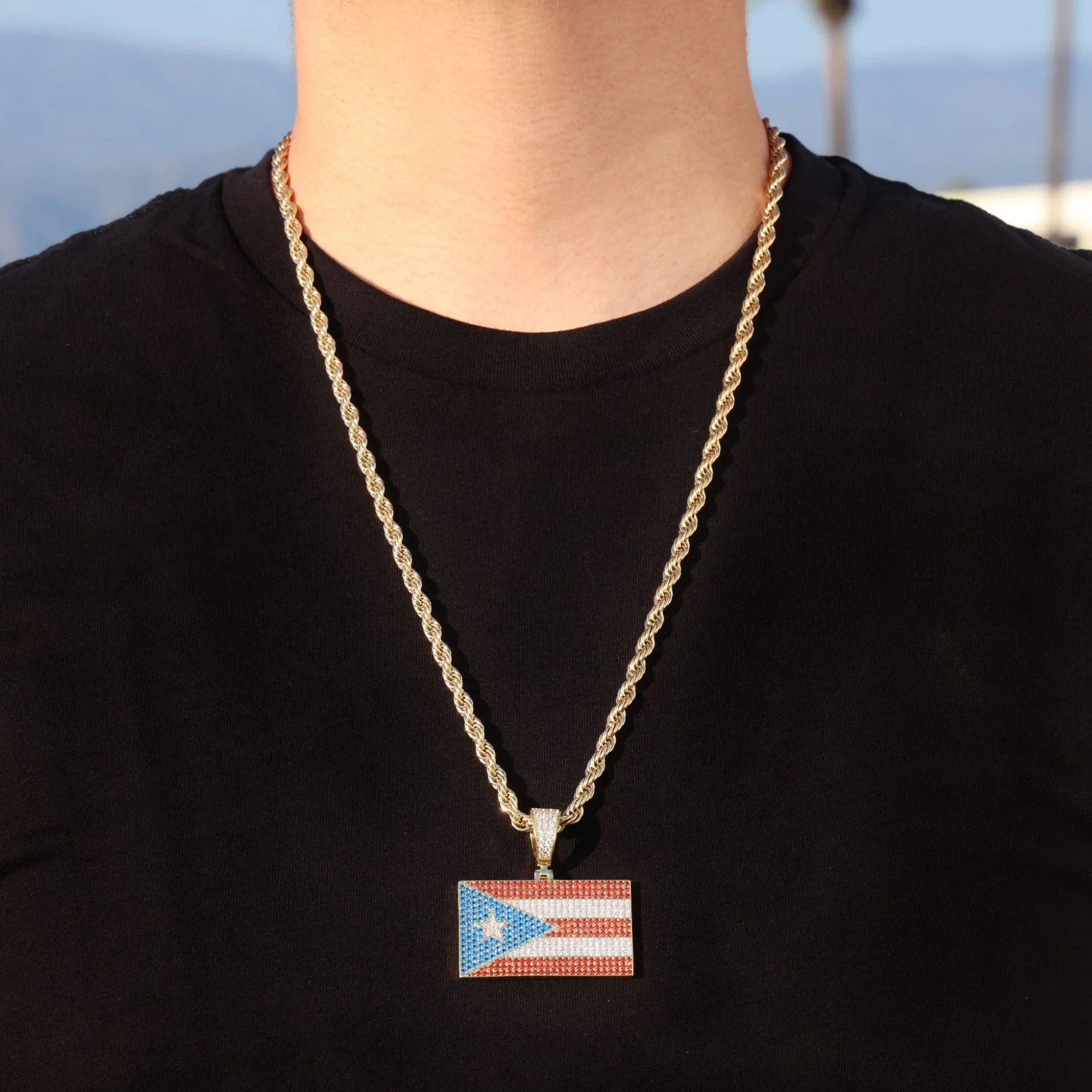 Iced Out Puerto Rico Flag Pendant - Gold - Image 3