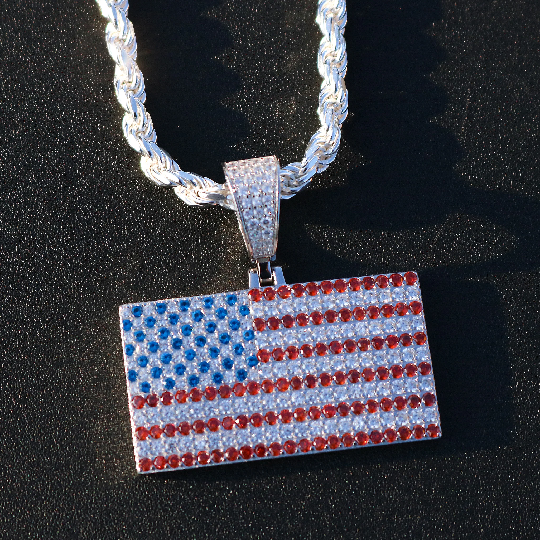 Iced Out USA Flag Pendant - 925 Silver - Image 3
