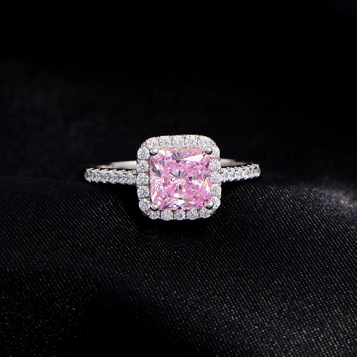 Iced Pink Princess Cut Ring - 925 Silver - Image 2