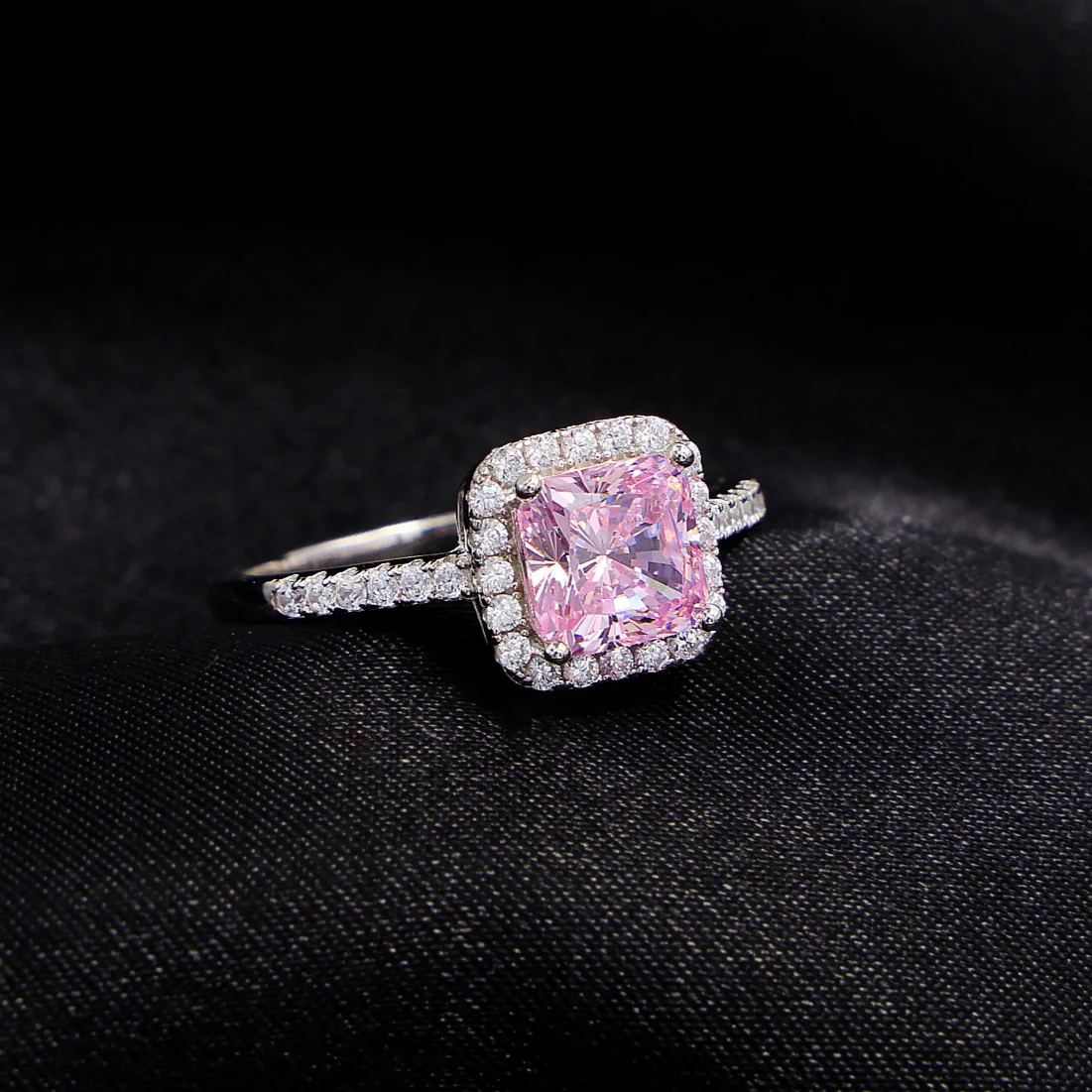 Iced Pink Princess Cut Ring - 925 Silver - Image 3