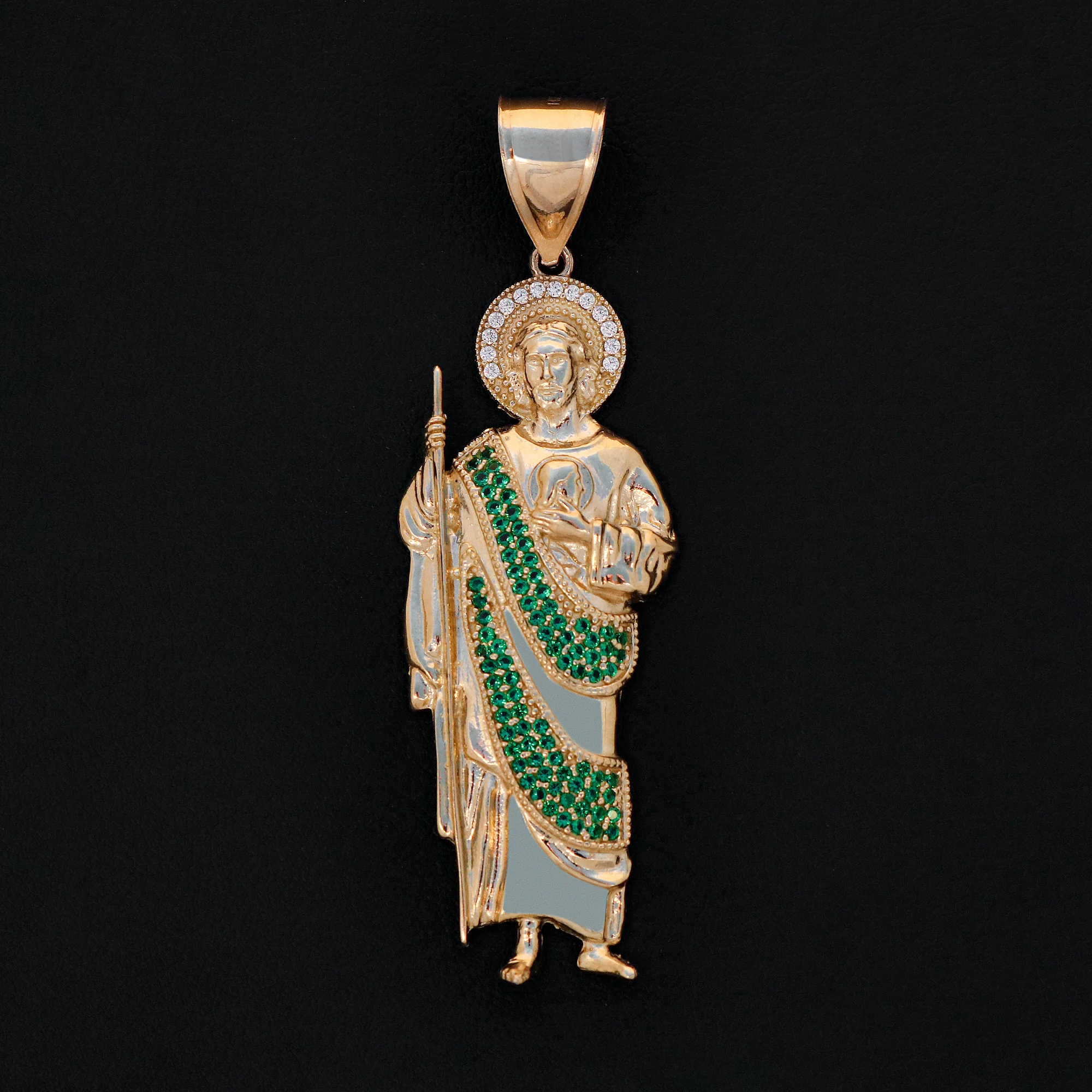 Iced San Judas (Green Stones) Pendant - 14k Gold