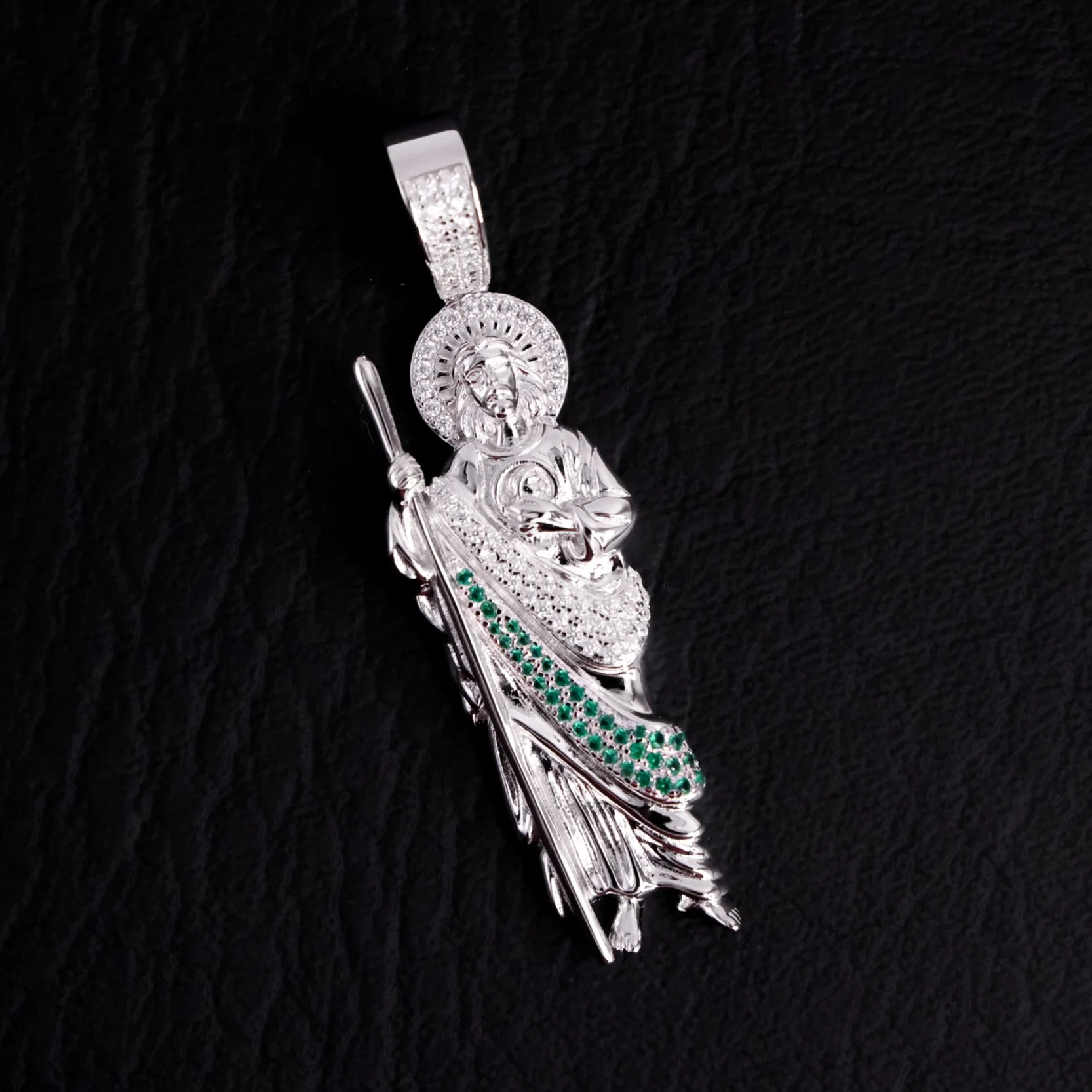 Iced San Judas (White/Green Stones) Pendant - 925 Silver - Image 2