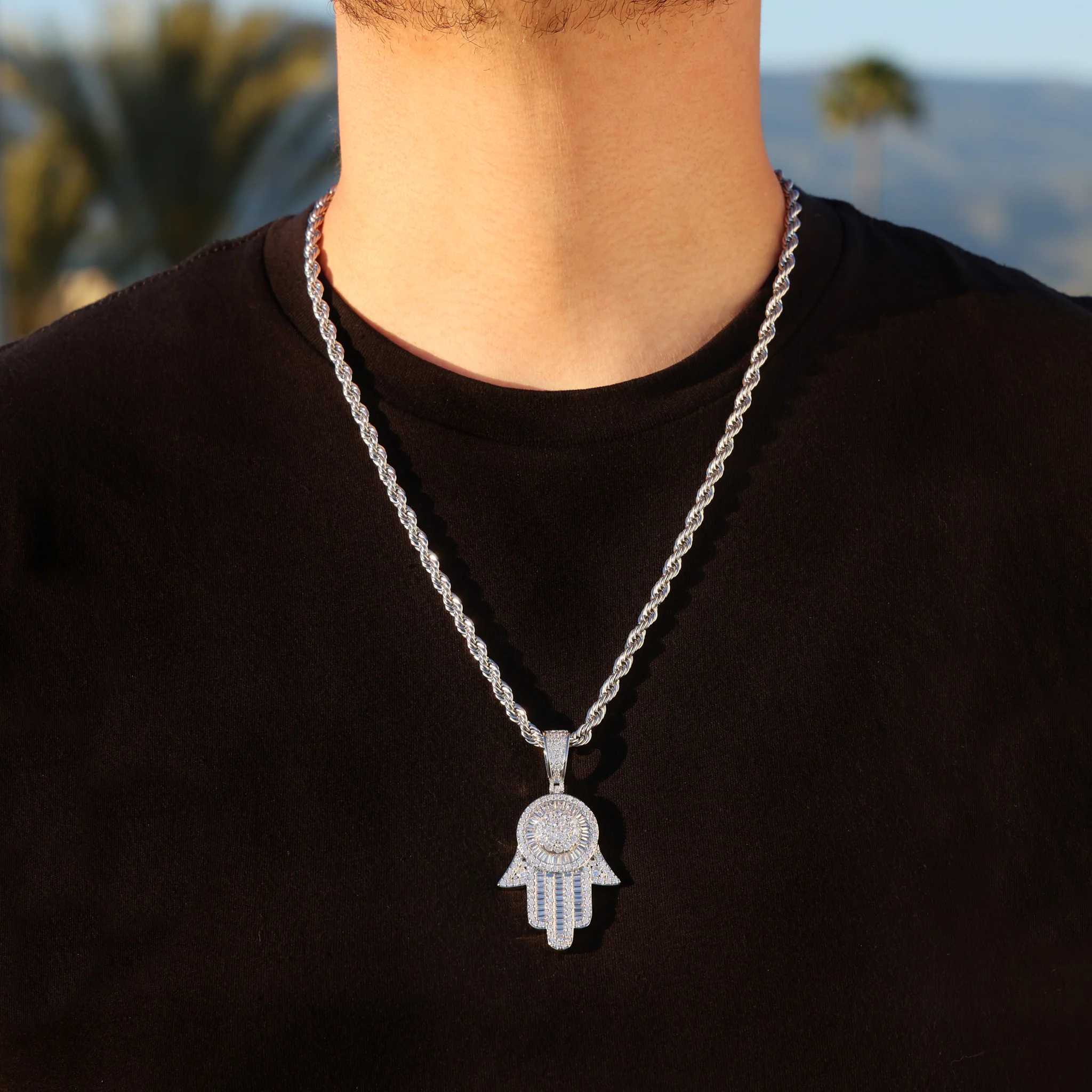 Large Fully Iced out Baguette Hamsah Pendant - White Gold - Image 2