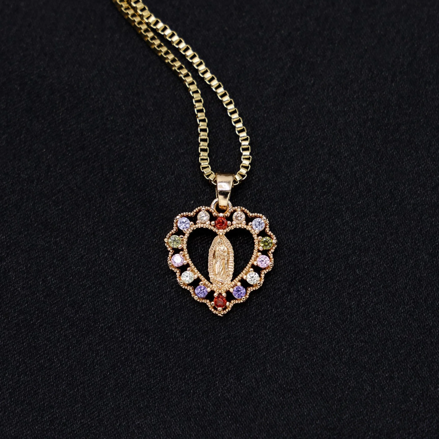 Micro Virgin Mary Multi Color CZ Heart Necklace - Gold - Image 2