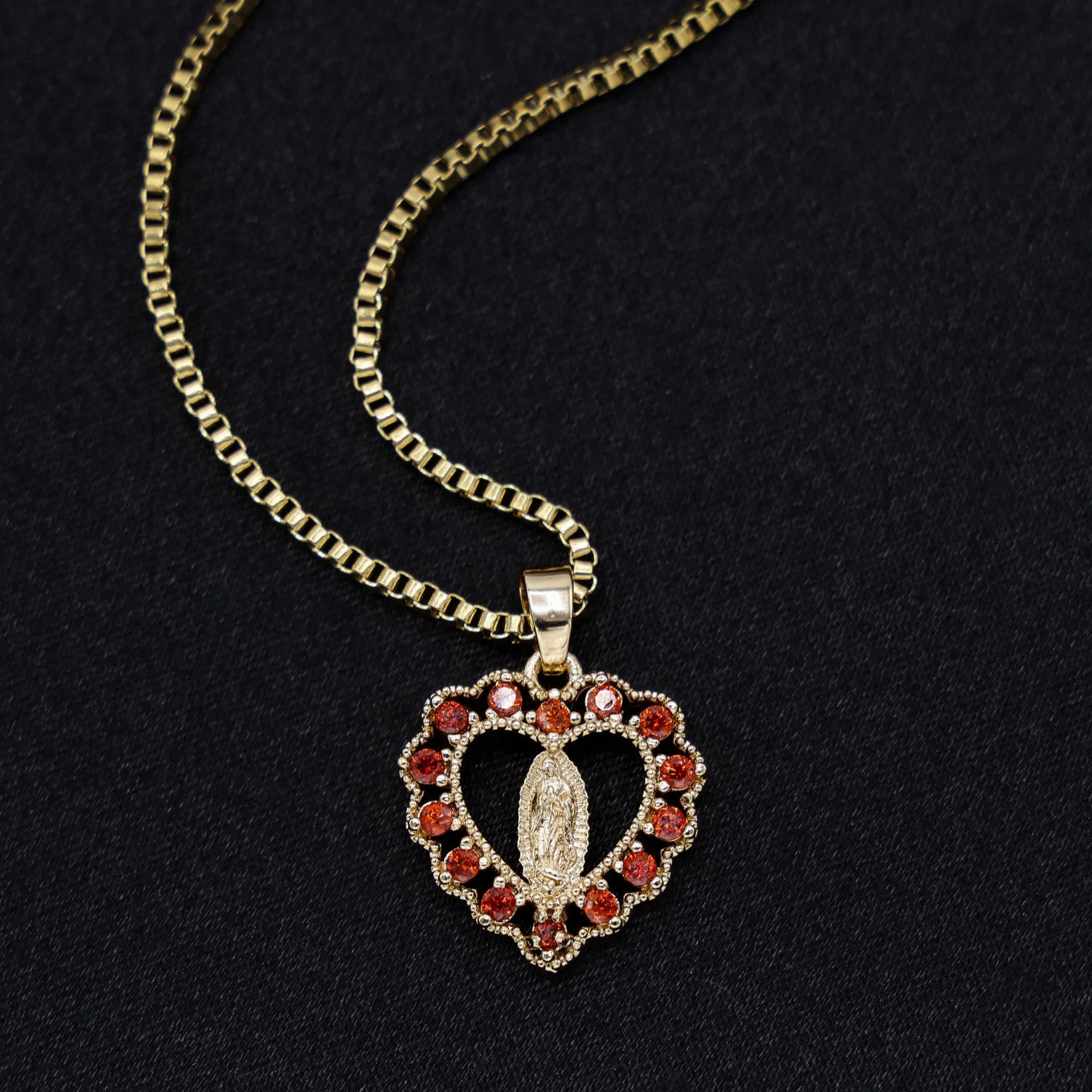 Micro Virgin Mary Red CZ Heart Necklace - Gold - Image 2