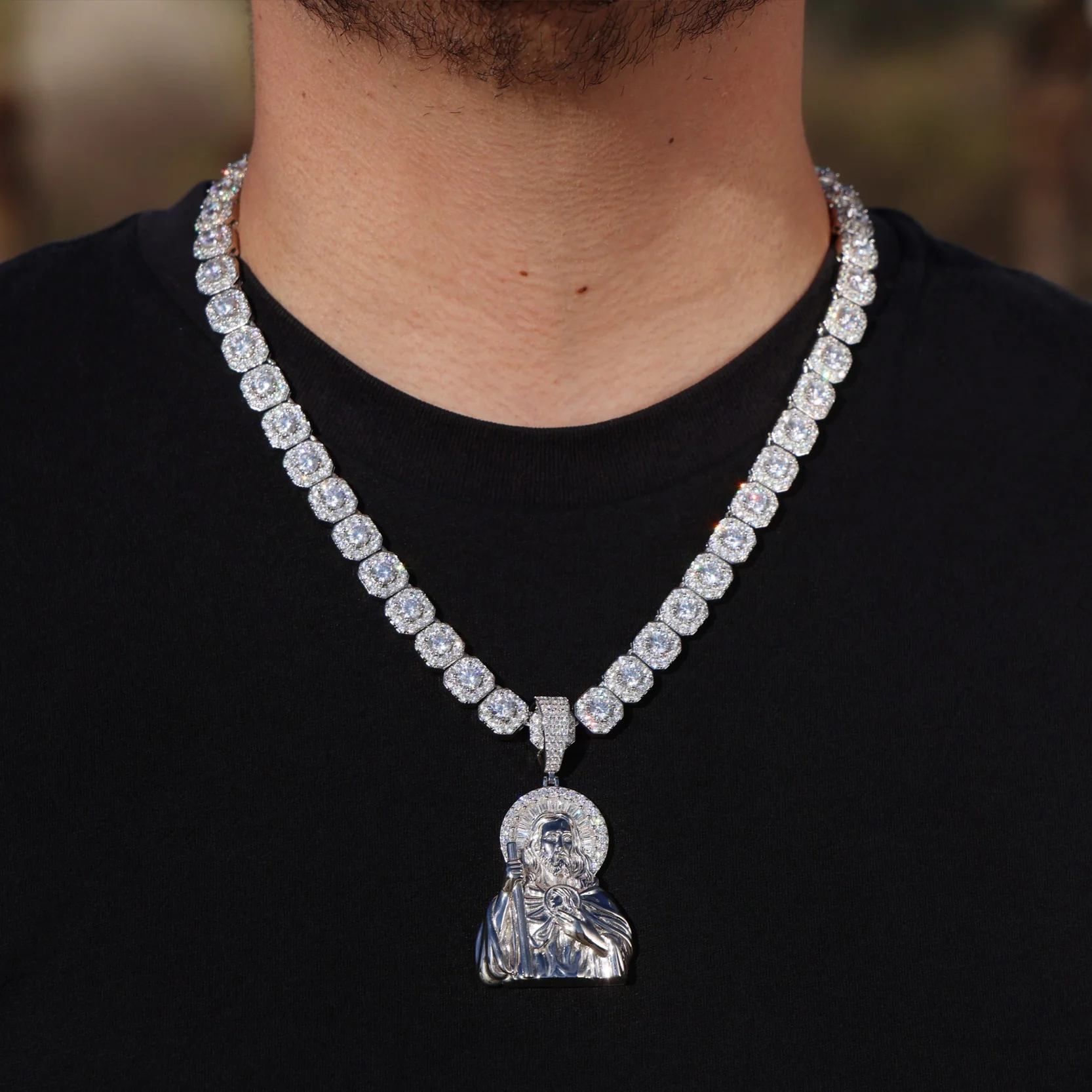 Moissanite Clustered Tennis Chain + Iced Moissanite Half Body San Judas Baguette Pendant Set - 925 Silver