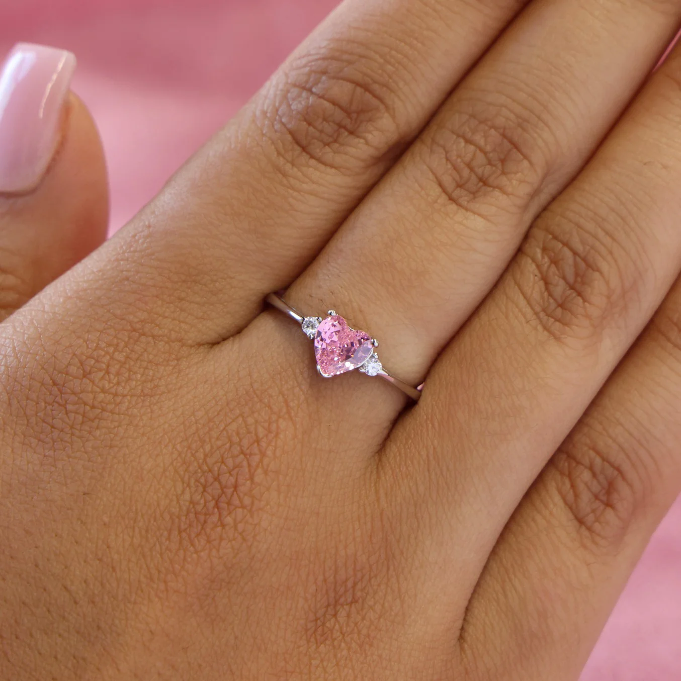 Pink Heart CZ Ring - 925 Silver - Image 3