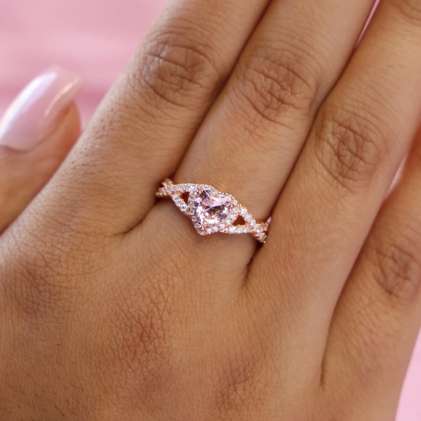 Pink Heart Infinity CZ Diamond Ring - Rose Gold over 925 Silver - Image 3