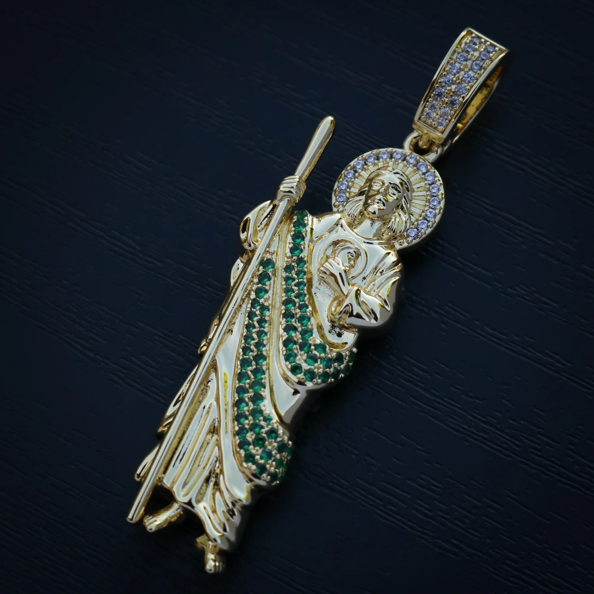 Iced San Judas with Green Diamonds Pendant - Gold - Image 2