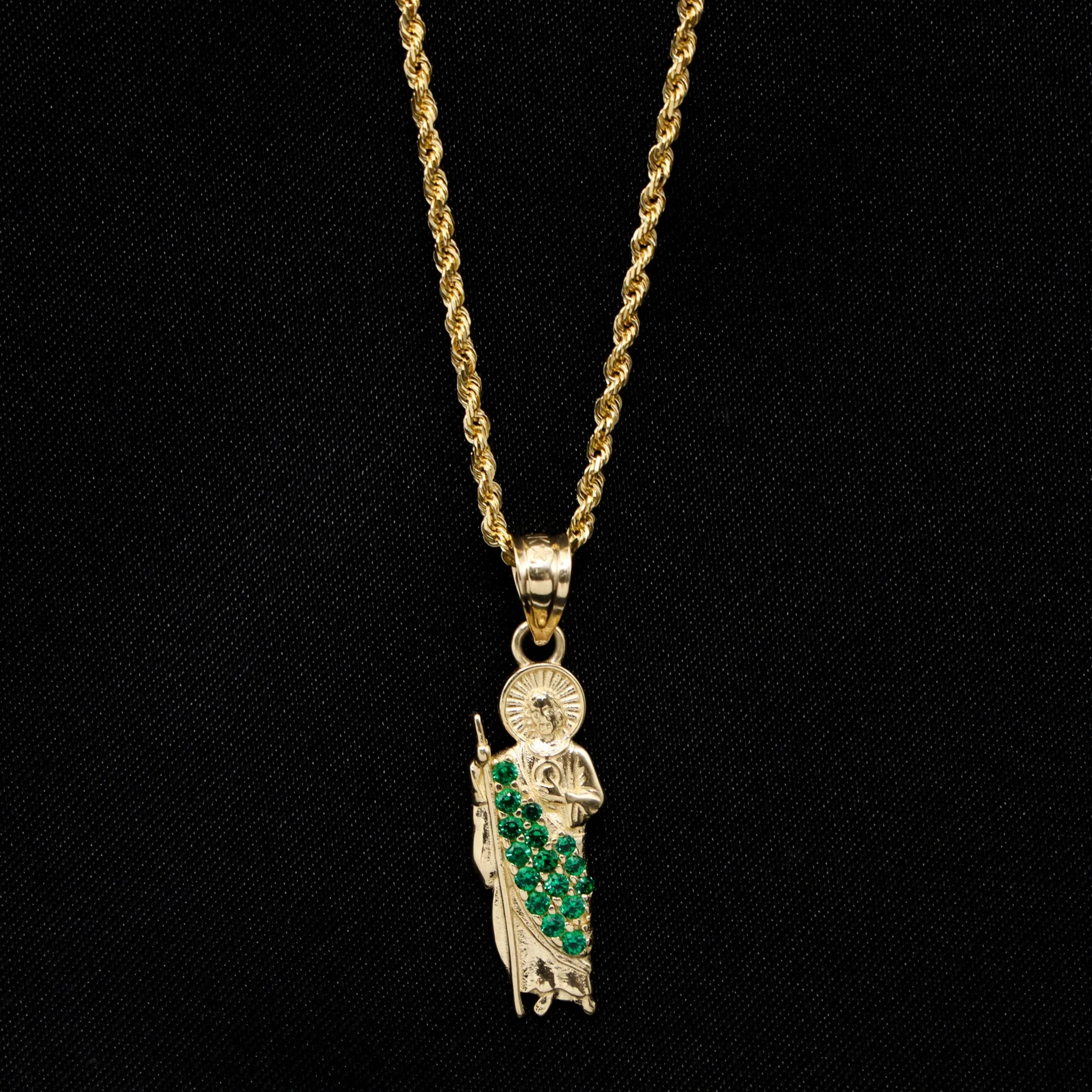 Small Green Iced San Judas Pendant - 14k Gold - Image 3