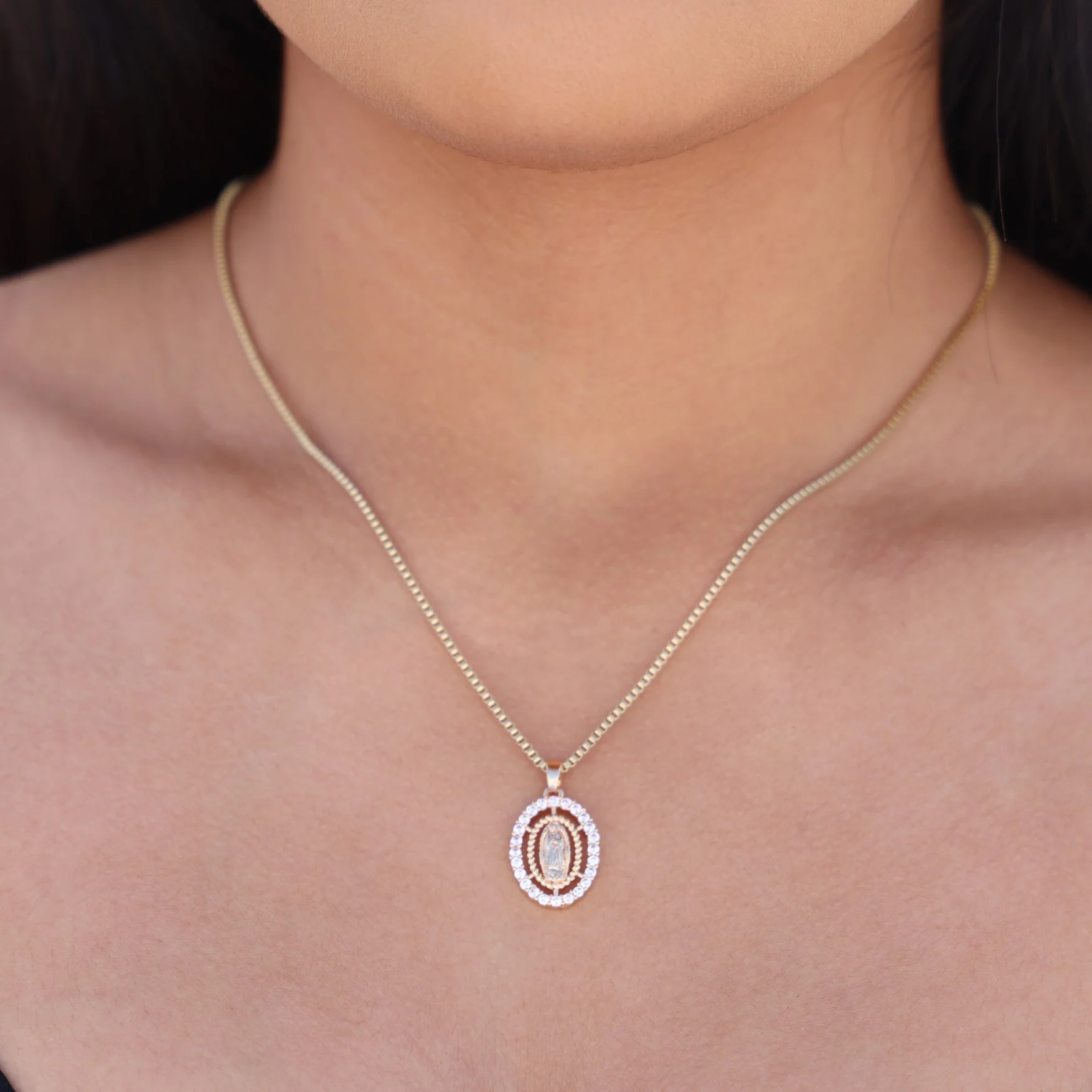 Small Virgin Mary Oval CZ Necklace - Gold - Image 2