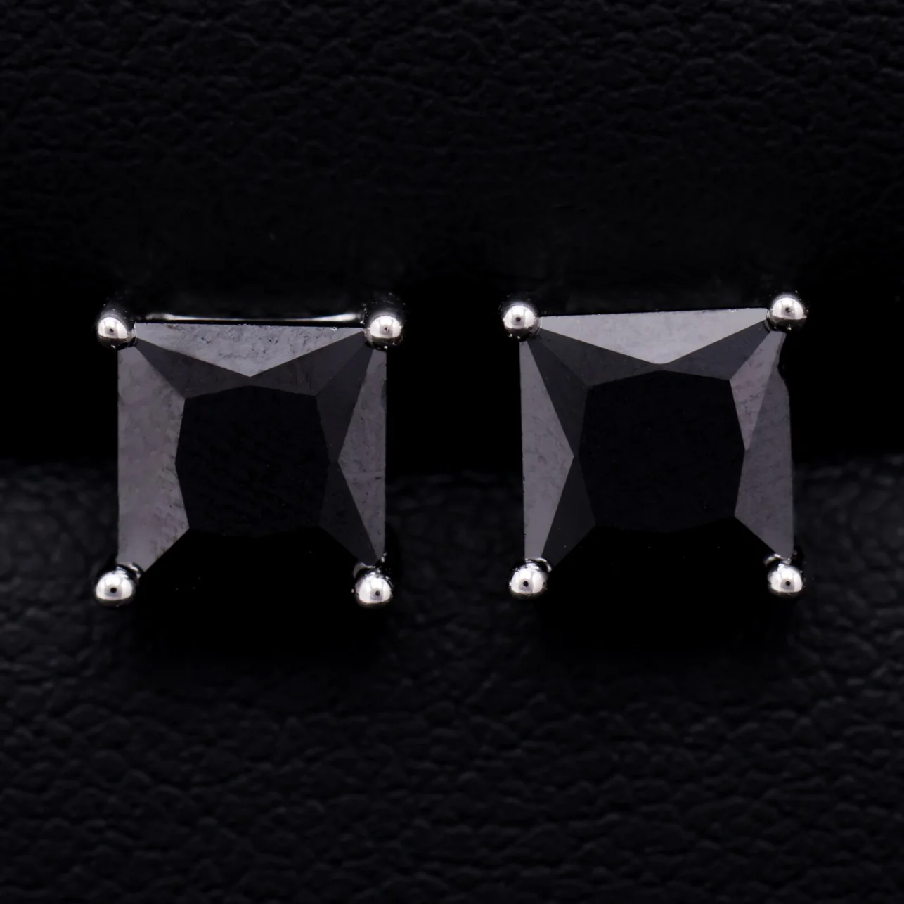 Square Cut Black Stud Earrings - 925 Silver