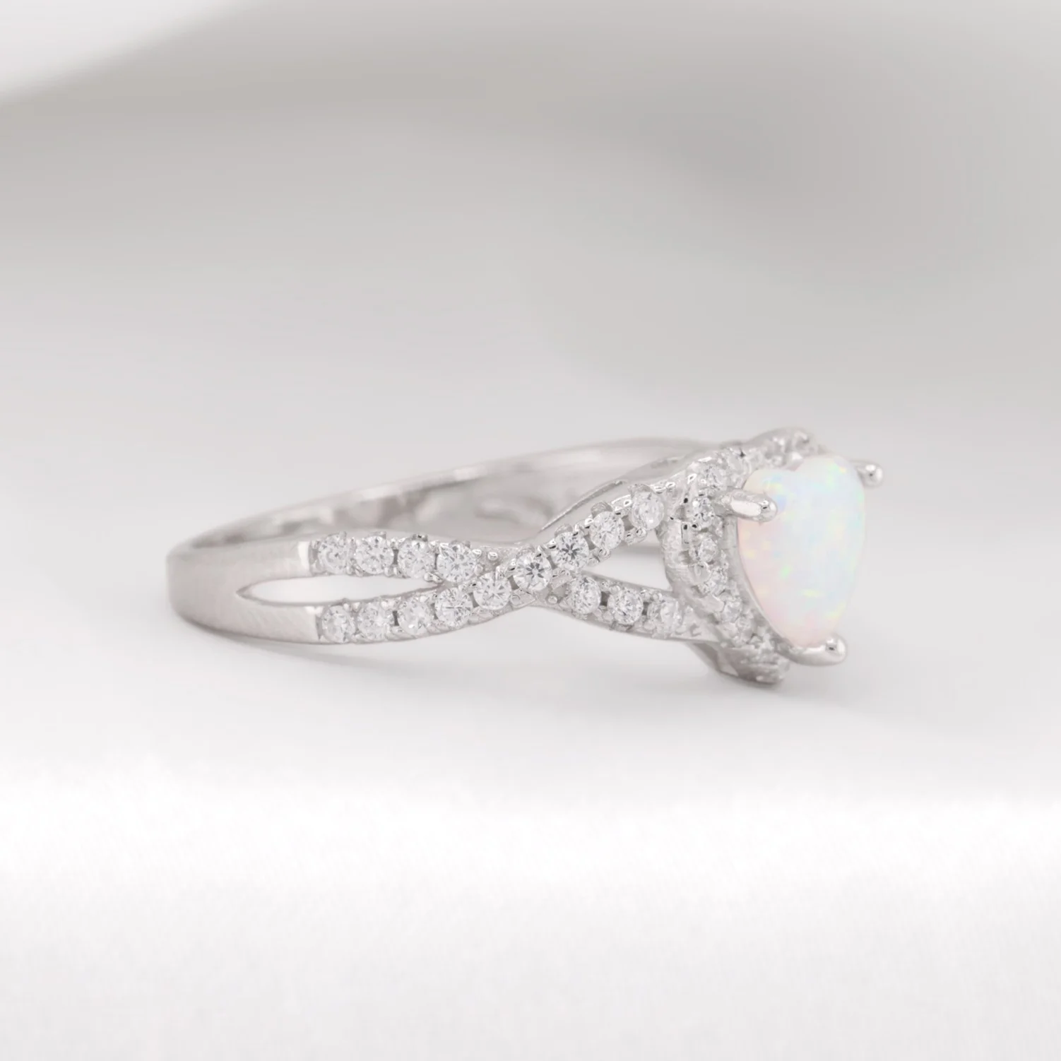 White Lab Opal Heart Infinity Diamond Ring - 925 Silver - Image 2